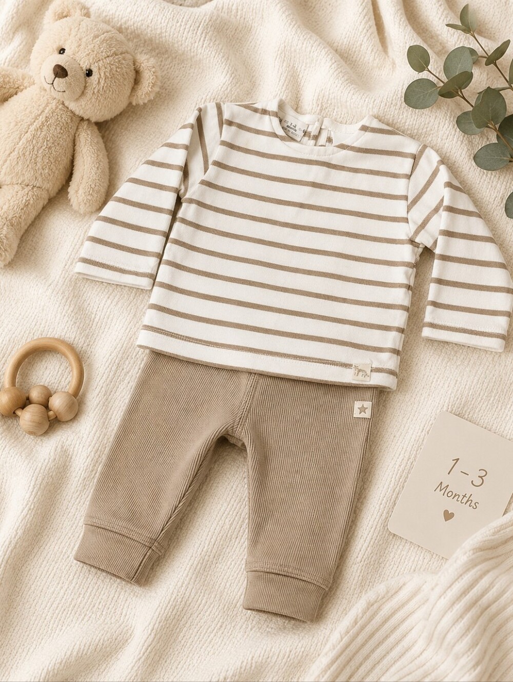 Zara Baby Neutral Ribbed Stripe Lounge Set 1–3 Months | Cozy Minimalist Matching